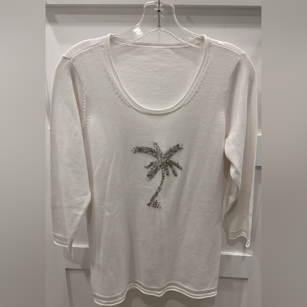Tommy Bahama White Cotton Lightweight Sweater with Embroidered Palm Tree Size M